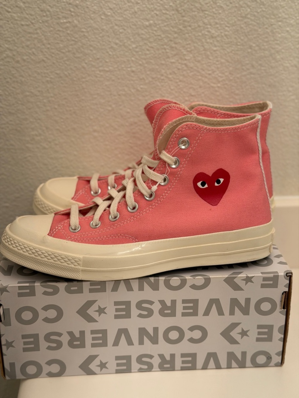 Converse X Comme des Garcons PLAY Pink High-Top Sneakers with Red Heart